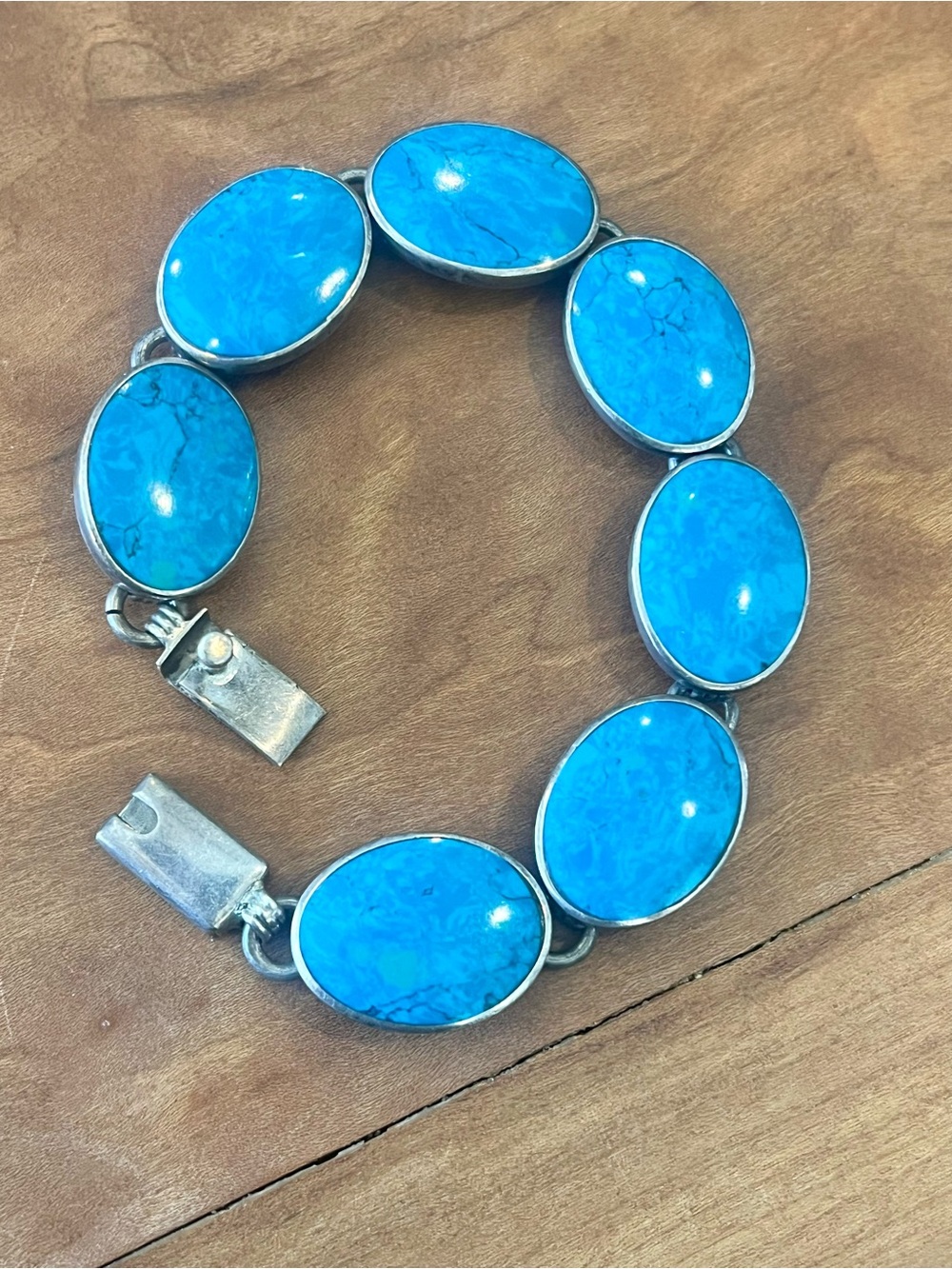 Vintage Taxco Mexico 925 Sterling Silver Turquoise Oval Cabochon Link Bracelet
